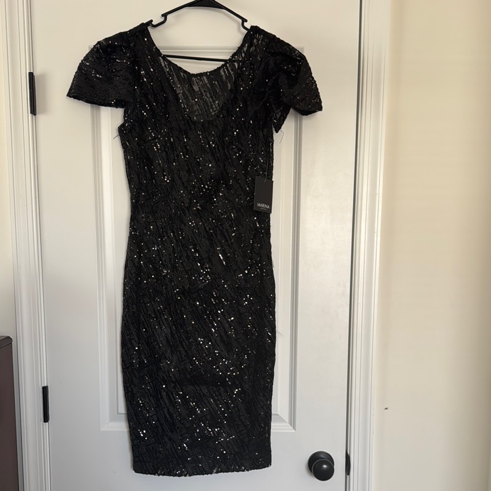 Black Mini Bodycon Dress with Sequin Embellishments and Flutter Sleeves